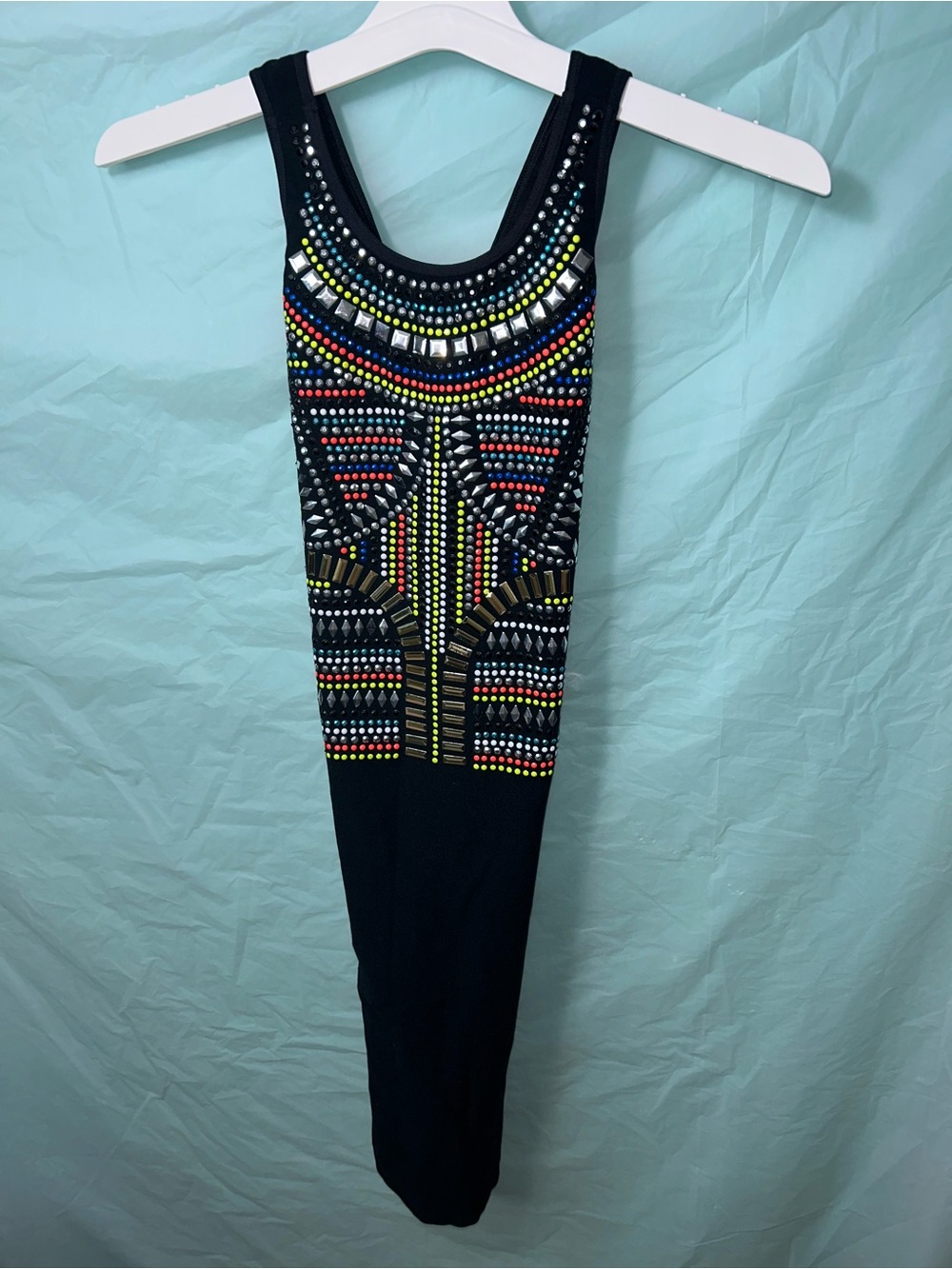 bebe Black Embellished Sleeveless Top with Multicolor Beading